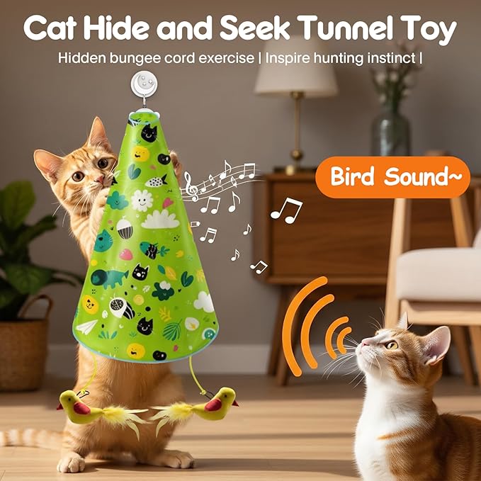 Interactive Cat Toys for Indoor Cats: 2 in 1 Automatic Hide and Seek Flying Bird Feather Wand Chirping Toy, Door Knob Moving Mouse Hunting Toys, Rechargeable Toys for Bored Kitten Adult Cats (Green)