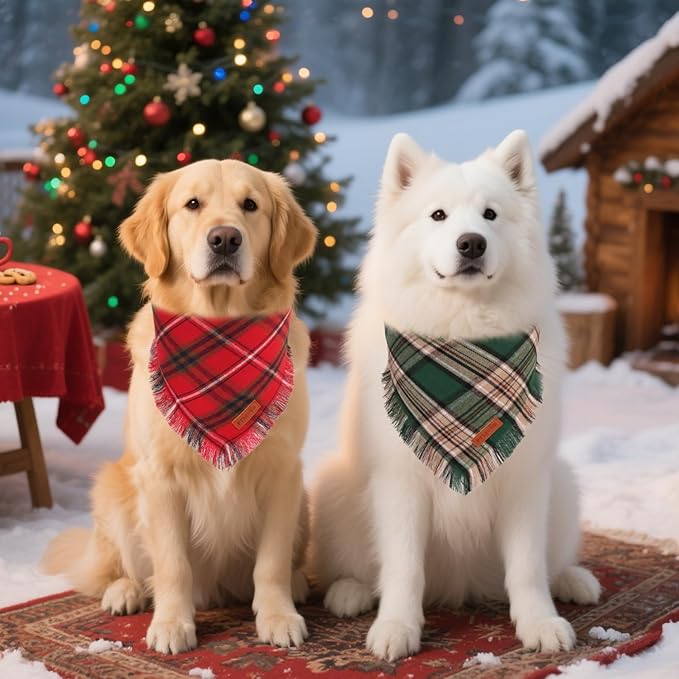 PTDECOR Christmas Dog Bandanas with Tassels Edges, Stylish Red Green Plaid Scarf Bib, Multiple Size, Reversible Triangle Christmas Bandanas for Medium Large Dogs Pets (Large)