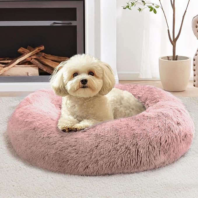 JOLLYVOGUE Calming Dog Bed Large Size Dog, Anti-Anxiety Donut Large Pet Bed, 36 inches Fluffy Faux Fur Round Cat Bed, Fits up to 75 lbs Pets (Dark Pink)