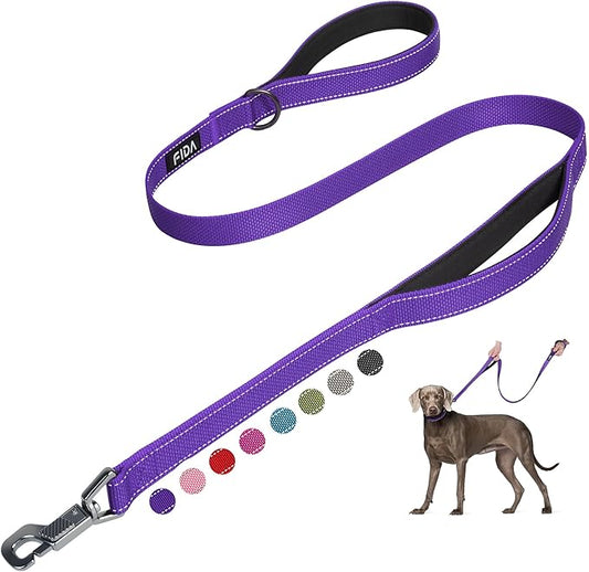 Fida 4 FT Heavy Duty Dog Leash with 2 Comfortable Padded Handles, Traffic Handle & Advanced Easy Snap Hook, Reflective Walking Lead for Large, Medium & Small Breed Dogs, Purple