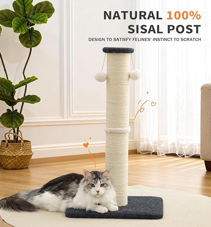 Made4Pets Tall Cat Scratching Post, 33" Natural Sisal Cat Scratcher with Hanging Balls, Heavy Duty and Thicker Scratching Post for Indoor Cats Adults, Sturdy Base Cat Scratch Post, Dark Grey
