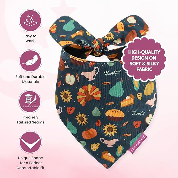 LunaMarie - Luxury Pet Birthday Bandanas -Premium & Silky Poly Fabric | 100% Handmade | Custom Shape Dual Layered (Thanksgiving, X-Small)