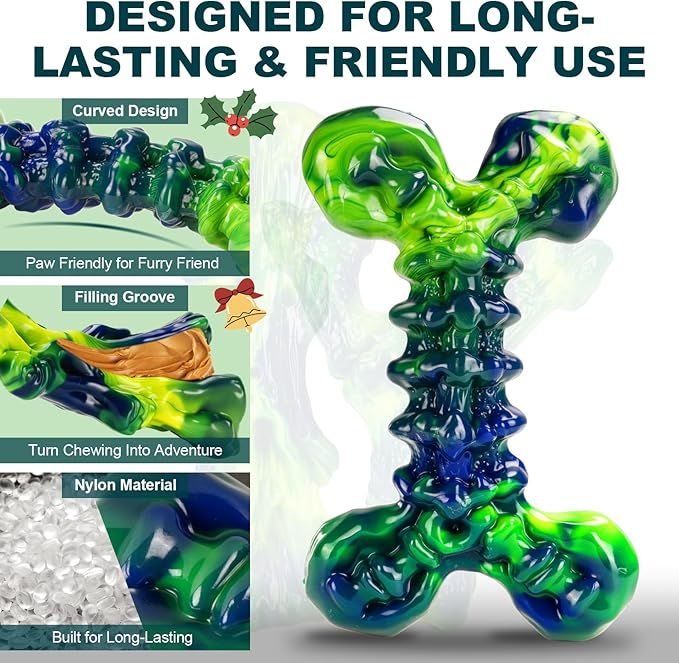 Indestructible Dog Chew Toys for Aggressive Chewers: 3-Pack Peanut Butter Nylon Chew Bones for Medium & Large Dogs 25–80 lbs, Tough Chewable Shapes, Long-Lasting Holiday Dog Gift (Green)