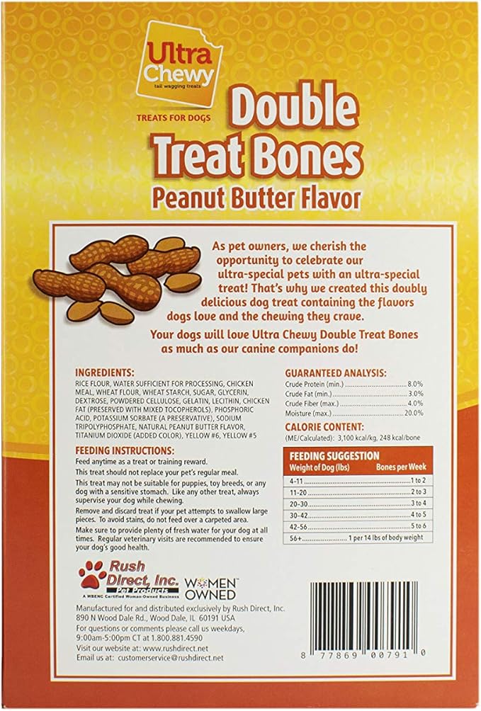 Ultra Chewy Peanut Butter Double Treat Bones: Long-Lasting Dog Treats Made in USA for Large and Small Breeds, Highly Digestible, Ideal for Aggressive Chewers (24 Count)