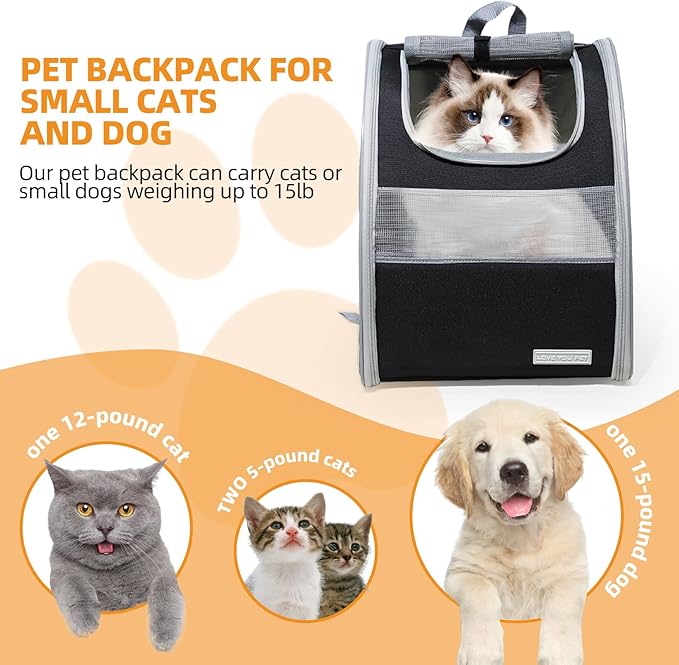 Cat Carrier Backpack with Reflector with Safety Leash Up to 15Lbs,Pet Carrier for Small Dogs and Medium Cats Kitten Puppy Bunny,Foldable Small Medium Dog Travel Carrier Backpack,Black