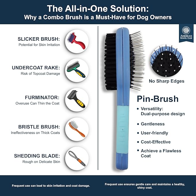 American Kennel Club AKC Pet Grooming Brush for Dogs and Cats - 2-in-1 Deshedding and Detangling Brush with Dense Nylon Bristles, Removes Loose Hair for Short and Long Coat Dogs and All Breeds