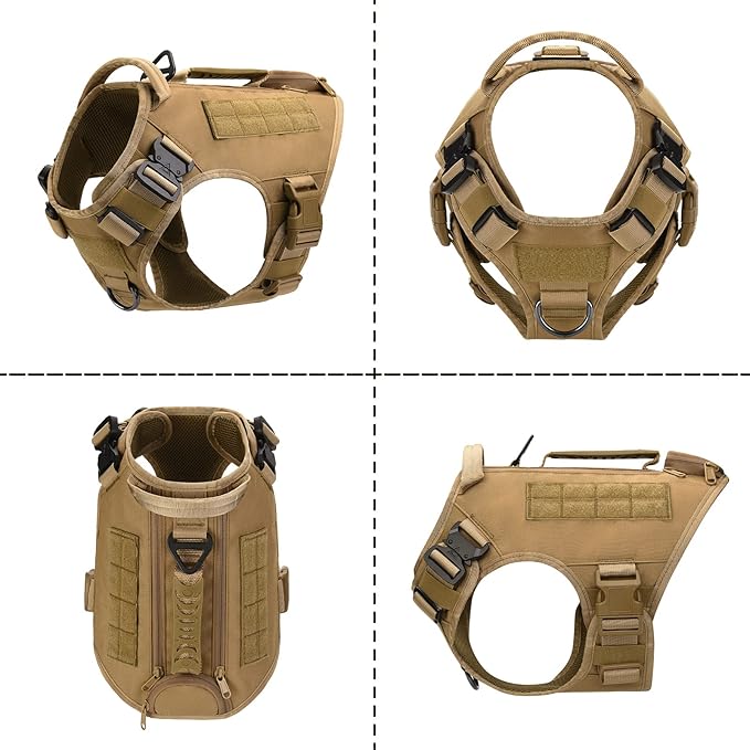 Tactical Dog Backpack Harness for Large Breed Original Design Metal Buckle Vest with Side Bags Pouches for Service Working Training (Khaki (with 2 Pouches), L)