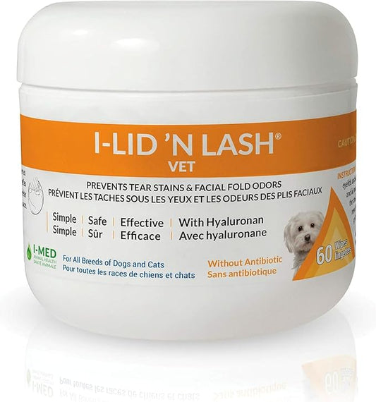 I-LID ’N LASH Vet Dog Eye Wipes - Best Tear Stain Preventer for Dogs (60 Wipes) | Prevents Puppy Tear Stains with Hyaluronan | Cat Eye Wipes for Discharge - No Antibiotics or Harmful Chemicals