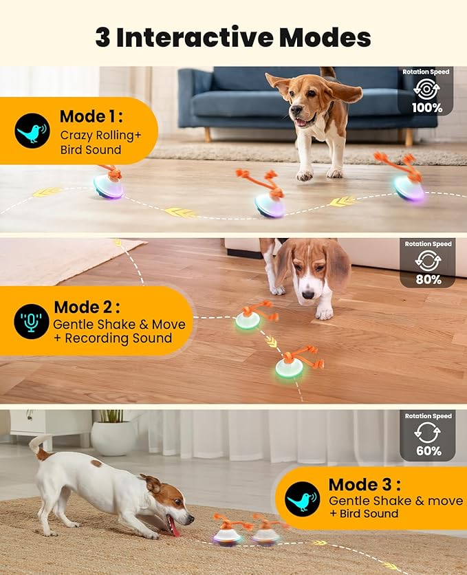 Smart Interactive Dog Toys, Automatic Moving and Rolling Dogs Ball with Rope, Motion-Activated Squeaky Ball for Small Medium Dogs for Boredom, RGB Lights, Stimulating Sound, Voice Recording