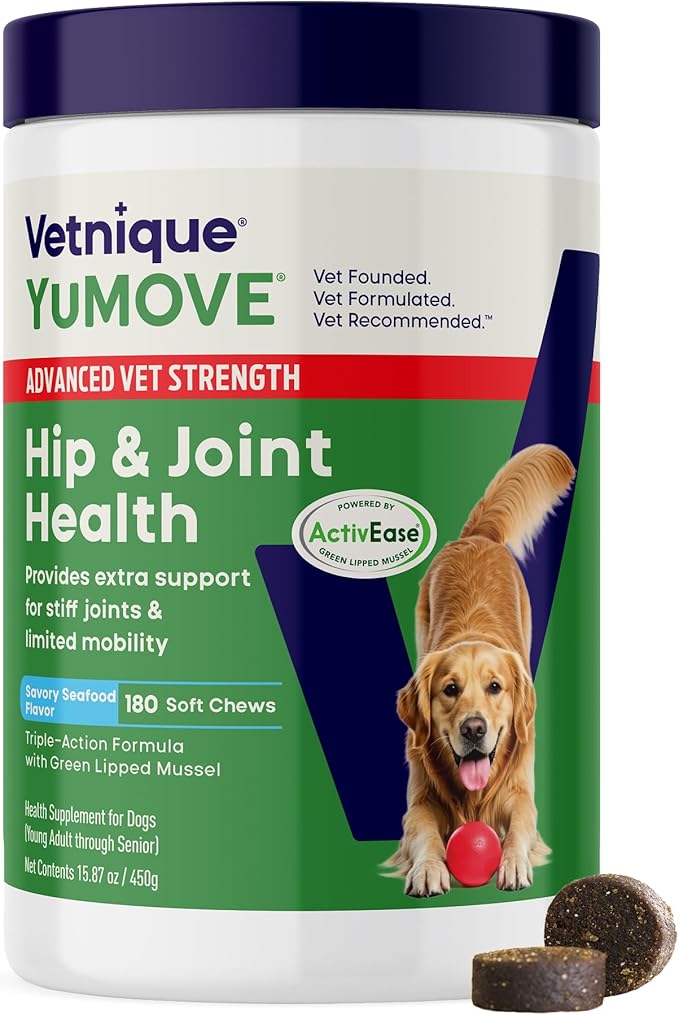 Yumove Hip & Joint Supplement for Dogs with Glucosamine, Hyaluronic Acid, Green Lipped Mussel & Omega 3 Joint Supplement - Regular or Advanced Strength (180 Count, Advanced Vet Strength Soft Chews)