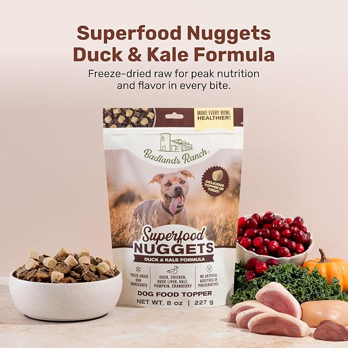 BADLANDS RANCH Superfood Nuggets – Freeze-Dried Raw Dog Treat & Food Topper, Nutrient-Dense Duck & Kale Formula, High Protein, No Artificial Additives, 8oz Bags (4-Pack Bundle)
