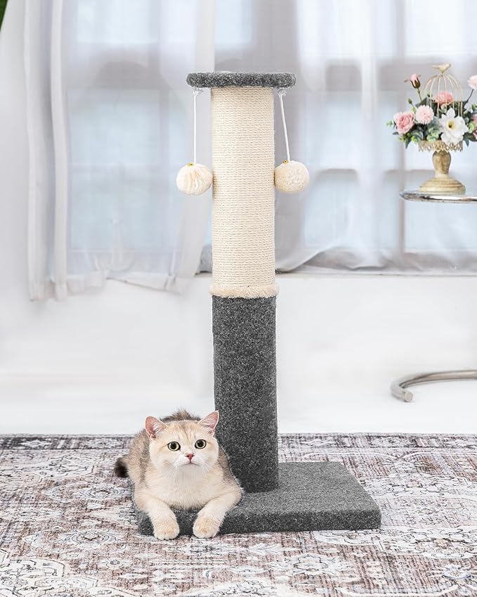 34-Inch Tall Cat Scratching Post for Indoor Cats, Komicoll Large Carpet Scratch Post, Sisal Cat Scratcher, Sturdy and Durable Cat Post with Hanging Ball