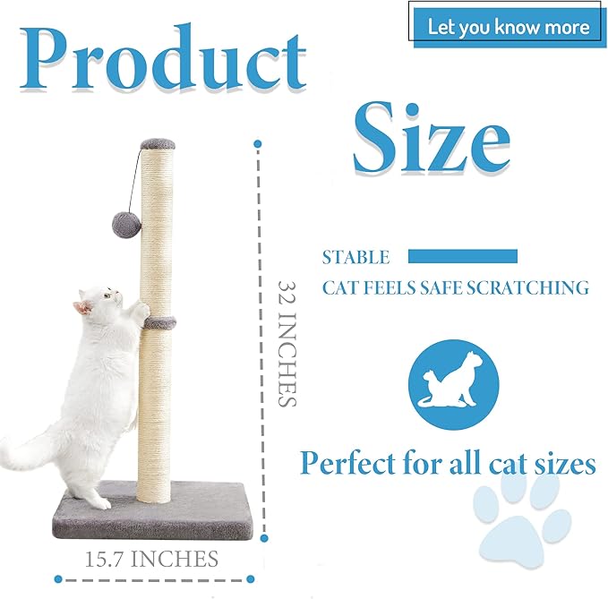 MeowHomm 32'' Tall Cat Scratching Post Cat Scratcher with Hanging Ball, Durable Cat Scratching Post for Indoor with Sisal Rope (Gray)