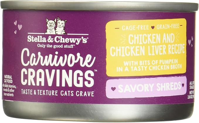 Stella & Chewy's Carnivore Cravings Savory Shreds - Wet Cat Food - High-Moisture Formula with Premium Cage-Free Chicken & Chicken Liver - Perfect for Picky Eaters - 2.8 oz, 12 Count