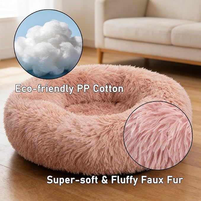 Calming Donut Dog Beds for Small Dogs Kitten - Washable Removable Cover Non-Slip Bottom, Round Pet Bed Puppy Bed Warming Fluffy Faux Fur Anti-Anxiety, Fits up to 15 lbs (Blush, 20")