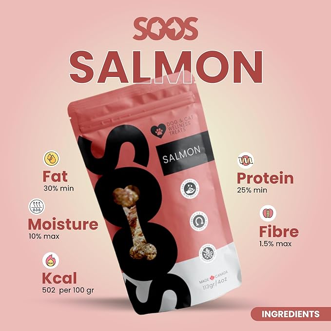 SOOS Natural Salmon Treats for Dogs & Cats - High Protein, Grain Free, Vitamin Minerals, Healthy Training Treats - 113g