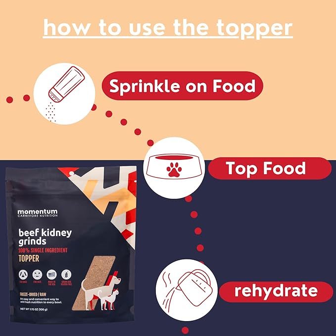 Momentum Carnivore Nutrition Freeze-Dried Beef Kidney Pet Food Topper – Single-Ingredient, All-Natural Topper – High-Protein for Dogs and Cats, Grain-Free and Made in The USA– (3.75 oz Bag)