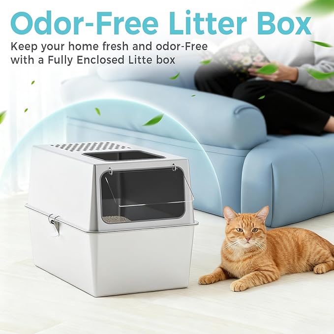 Extra Large Enclosed Stainless Steel Litter Box with Lid, 23.6"x17.7"x15.7" High Sided Metal Cat Litter Box for Indoor Cats, Covered Dog Proof Kitty Litter Pan, Odor Free, Non Sticky, XL