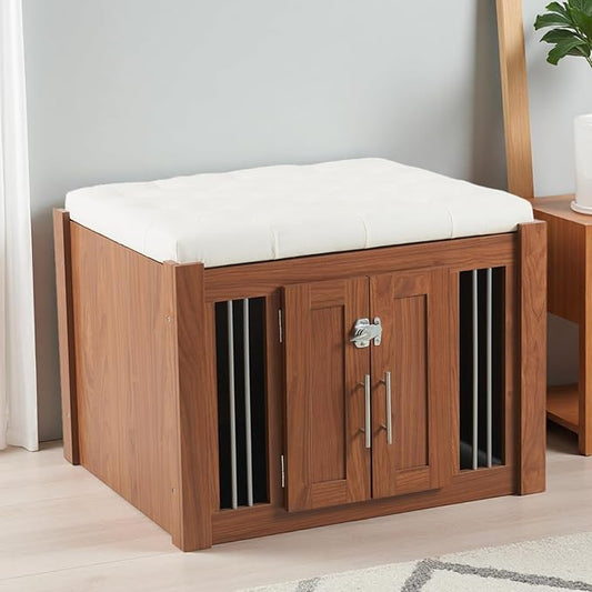Dog Crate Furniture with Padded Seat, End of Bed Bench Ottoman with Cushion, Indoor Wooden Dog Kennel with Removable Base for Bedroom, Living Room, Walnut