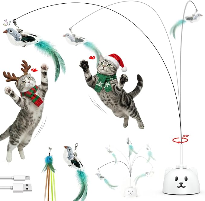 Interactive Cat Toys for Indoor Cats: Upgraded 360° Automatic Spin Flying Bird Feather Wand with Silicone Protected Rod Safe Play, Strong 8cm Suction Cup, USB-Rechargeable for Bored Kittens and Adult