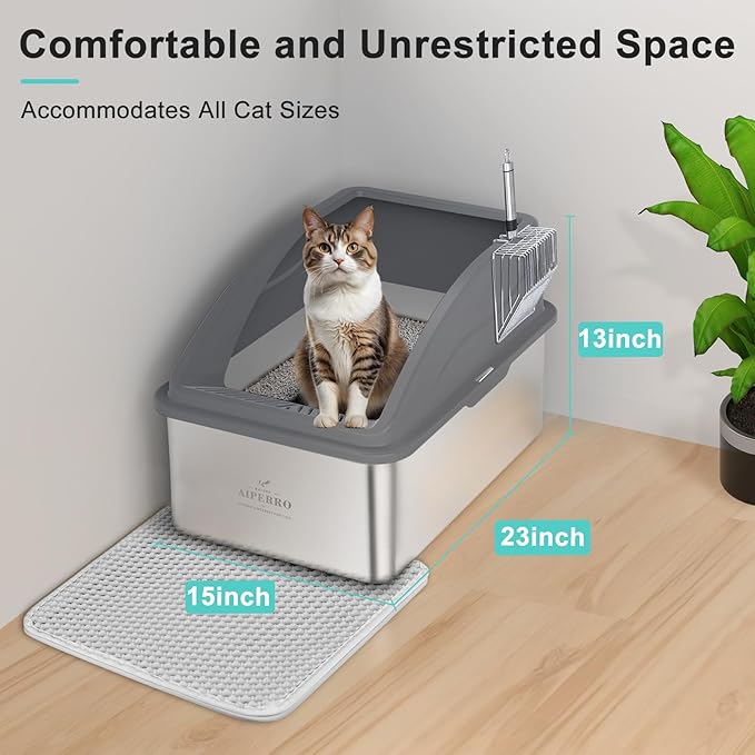 Stainless Steel Litter Box | XXL Deepened 8" Design Enclosed Box with Lid for Big Cats | High Sided, Anti-Urine Leakage | Non-Stick Bottom & Includes Litter Mat & Metal Scoop