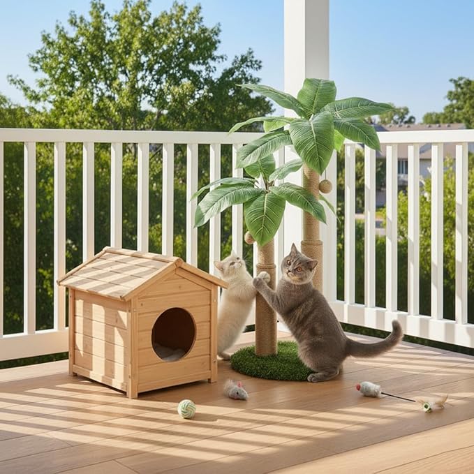 29.7inch Cat Scratching Post,Cat Scratcher Cat Tree with 2 Sisal Scratching Poles & 2 Interactive Dangling Balls,Cats Scratching Posts for Indoor Kitten & Adult Cats (2 Posts Banana Tree)