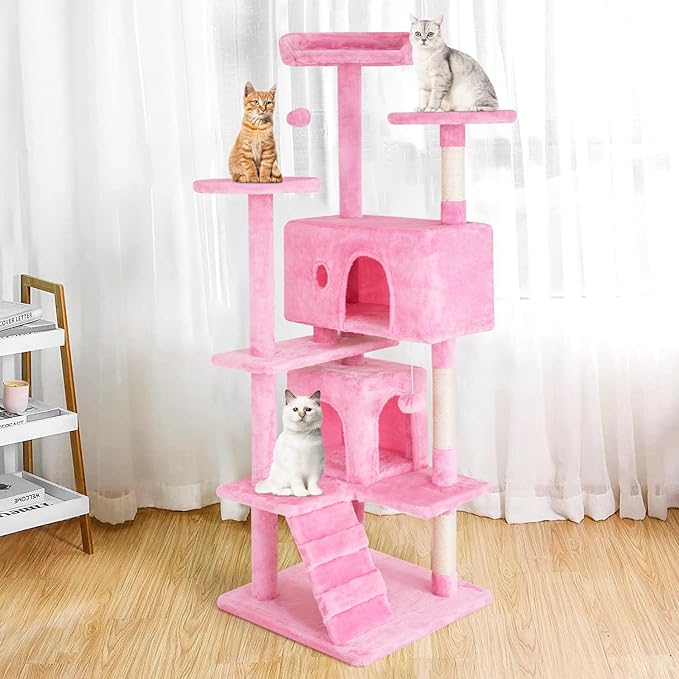 PayLessHere Cat Tree 54in Cat Tower with Cat Scratching Post, Multi-Level Cat Condo Stand House Furniture Kitty Activity Center with Furry Ball Toys for Indoor Cats (Pink)