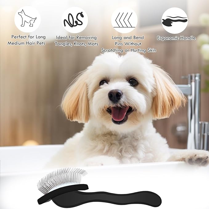 Large Dog Slicker Brush for Shedding & Curly Coat, Long Hair Dogs & Cats, Doodles, Poodles & Goldendoodles, Long Pin Grooming Brush with Wooden Handle, 3 Pcs Comb Set for Mats Tangles. Black