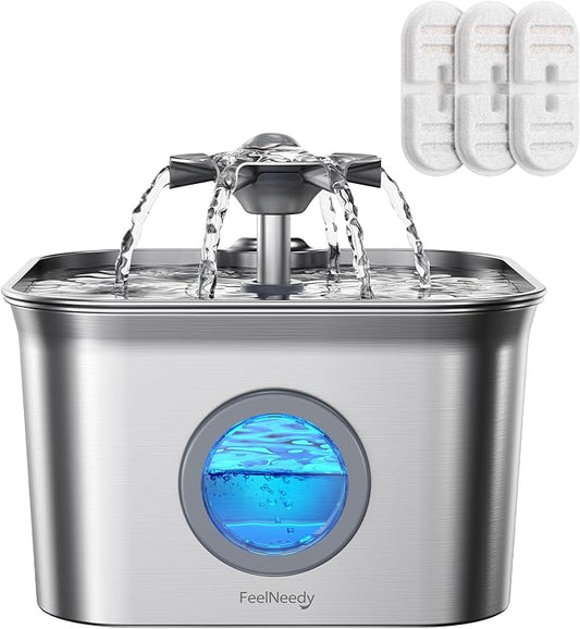 Stainless Steel Cat Water Fountain for Drinking with 3 Filters, 2.8L Auto Pet Drinking Fountain for Cats with 20dB Ultra-Quiet Pump, 24/7 Circulation Filtration LED Water Level Window Dishwasher Safe