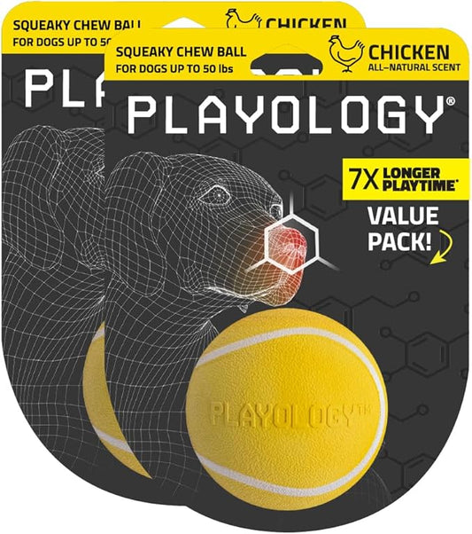 Playology Dog Toys | Squeaky Chew Ball - Bouncy Durable Floating Fetch Ball for Dogs, Value 2-Pack | Medium Chicken Scented Toy - Easy to Clean and Made from Non Toxic Materials