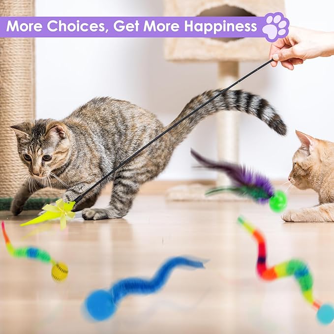 SHENGSEN Feather Wand Cat Toy,Bouncy Ball with Tail Cat Toys,Magic Worm with Large Colorful Ball Toy for Cats,Cat Feather Toys for Indoor Cats,Colorful Fuzzy Worm Bouncy Balls Cat Toy (ADM102-A-4B)