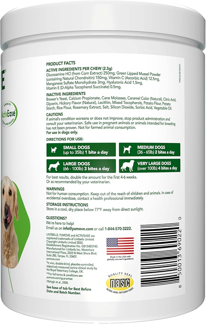 Yumove Dog Joint Supplement, Hip and Joint Supplement for Dogs with Glucosamine Chondroitin, Hyaluronic Acid, Green Lipped Mussel and Omega 3, Dog Hip and Joint Aches and Stiffness (300 Tasty Bites)