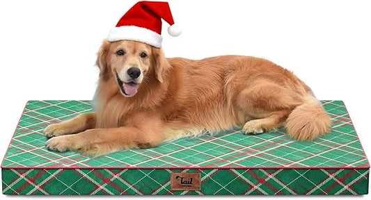 Outdoor Extra Large Dog Bed, Waterproof Dog Bed for Large Dogs, Egg Crate Foam XL Pet Bed with Removable Washable Oxford Cooling Cover, Christmas Plaid