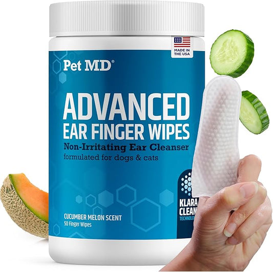 Pet MD Advanced Ear Finger Wipes for Dogs & Cats - Non-Irritating Ear Wipes & Ear Cleaner - Pet Safe Cleaner to Aid in Itchiness and Odor - Cucumber Melon (50ct)