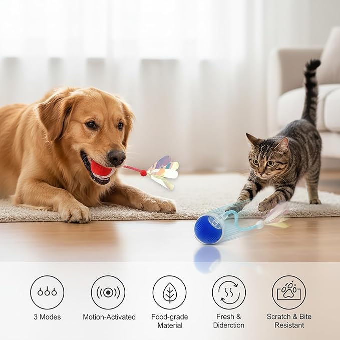 Interactive Cat Toys Ball for Cats - Upgrade Automatic Cat Toys for Indoor Cats, 3 Modes 2 Speed Moving Cat Ball with Dragonfly Feathers 2PCS (Red Blue)