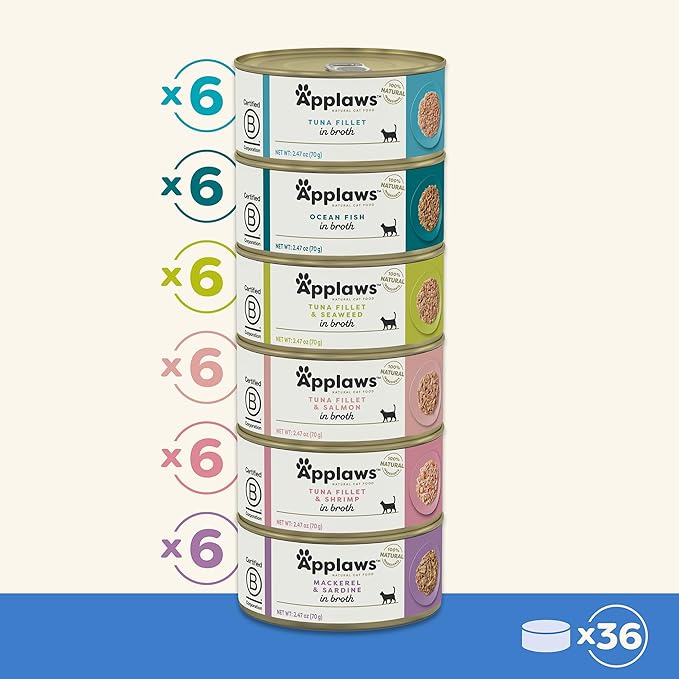Applaws Natural Wet Canned Cat Food, Limited and Natural Ingreidents, High Protein with No Artificial Additives, Fish Selection in Broth (36 x 2.47oz Cans)