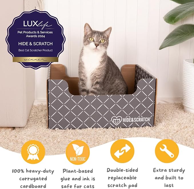 Hide & Scratch Cardboard Cat Scratcher Box & Bed - Dark Grey Diamond (+ 3 Refill Pads) | Double-Sided Corrugated Pad for Indoor Cats | Refillable Scratching Board Toy for Play & Furniture Protection