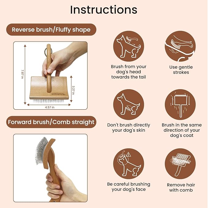 Dog Slicker Brush for Shedding,Dog Brush for Long Haired Dogs & Remove Tangles & Mats,Ergonomic Handle Grooming Like Professional,Beech Wood,L