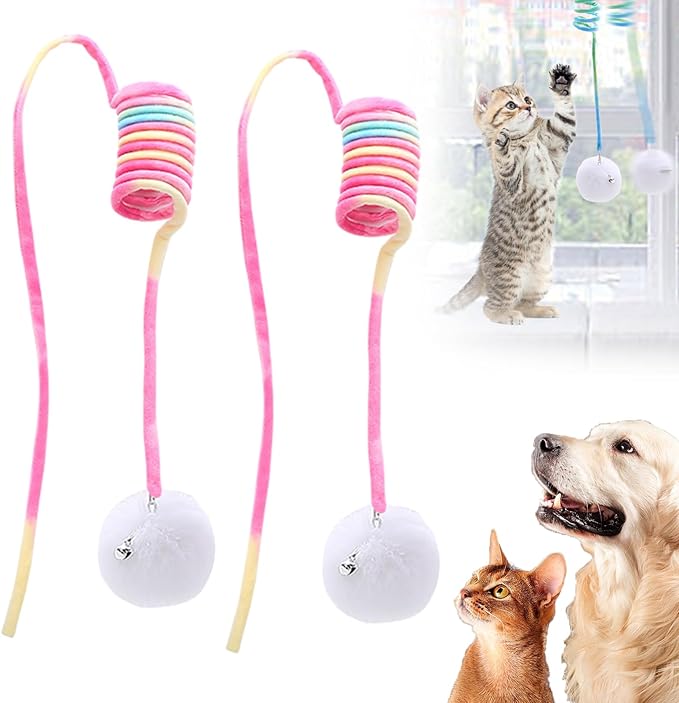 Drkicsy Hanging Spring Plush Cat Toy Ball, Hanging Cat Toys for Indoor Cats with Bell, Pet Spring Toy Interactive Toys for Cats Kittens Play Chase Exercise (2PCS Pink)