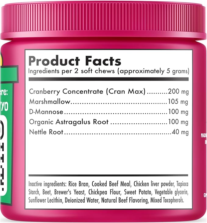 Cranberry UTI Chews for Dogs Bladder Support + D-Mannose Supports Kidney Urinary Tract and Bladder Health Natural Cranberry Wellness Supplement Immune System Booster Natural Pet Antioxidant 120 Chews