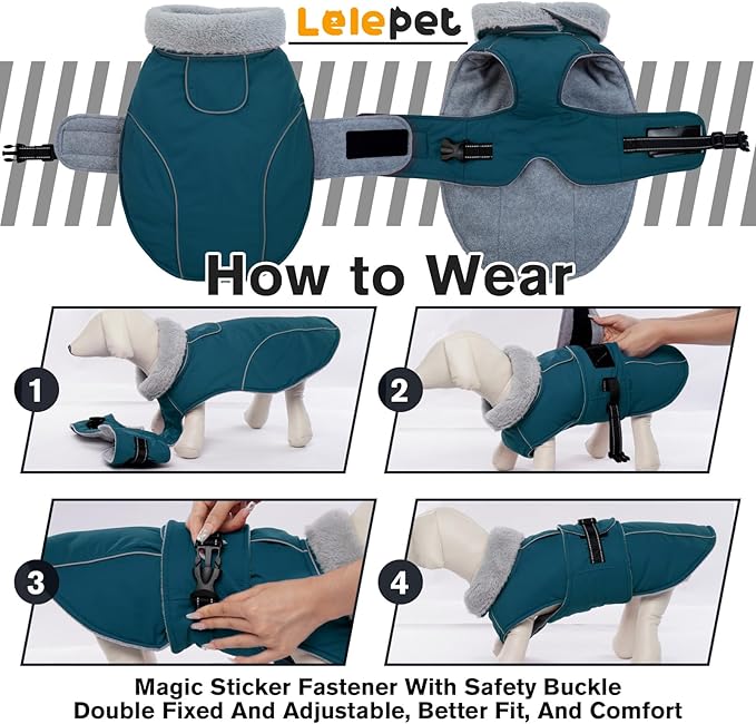 Lelepet Warm Dog Coats for Large Dogs Waterproof Dog Winter Jacket Reflective Pet Fleece Vest Windproof Cold Weather Coats with Adjustable Buckle & Leash Hole, Dark Green, L