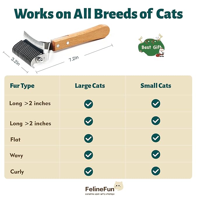 FelineFun Cat Brush for Dematting & Deshedding, 2 in 1 Undercoat Rake, Efficiently Remove Loose Hair & Matted Fur, Professional Shedding Comb for Indoor Cats & Long Haired Cats