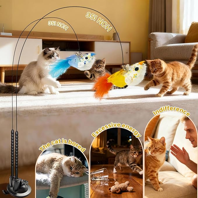 Walfront Interactive Cat Toy, Cat Teaser Wand with Double-Head Suction Base and 2 Realistic Bird Attachments for Indoor Self-Play and Exercise for Kittens and Adult Cats, Keeping Cats Playful & Happy