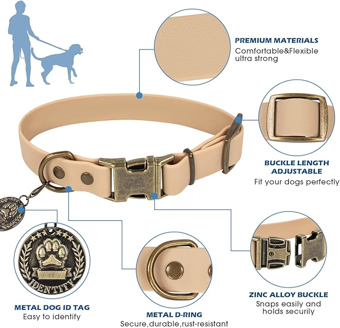Wisedog Dog Collar and Leash Set, Waterproof Adjustable Puppy Collars with Cute Tag 5FT Dog Leash with Poop Bag for Small Medium Large Dogs (L, Sand Color)