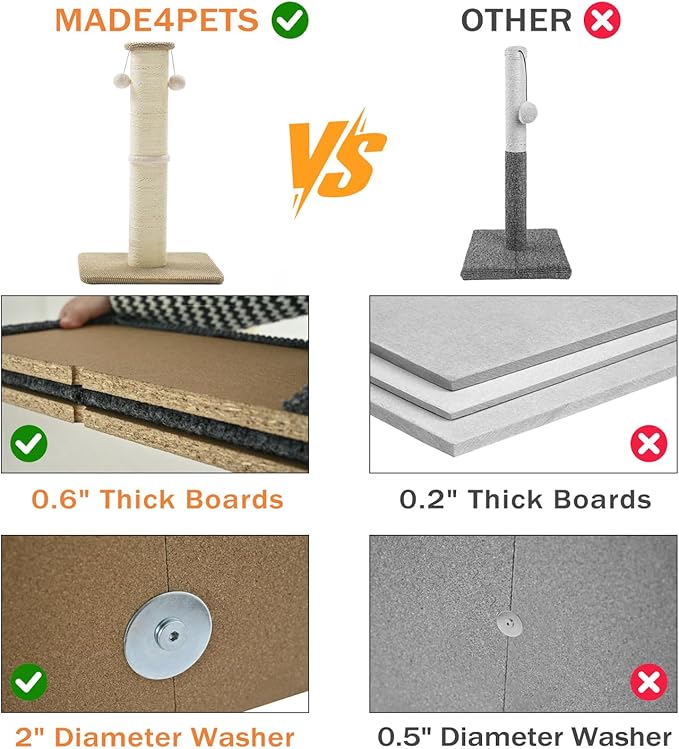 Made4Pets Tall Cat Scratching Post, 23.6" Natural Sisal Cat Scratcher with Hanging Balls, Heavy Duty and Thicker Scratching Post for Indoor Cats Adults, Sturdy Base Cat Scratch Post, Beige