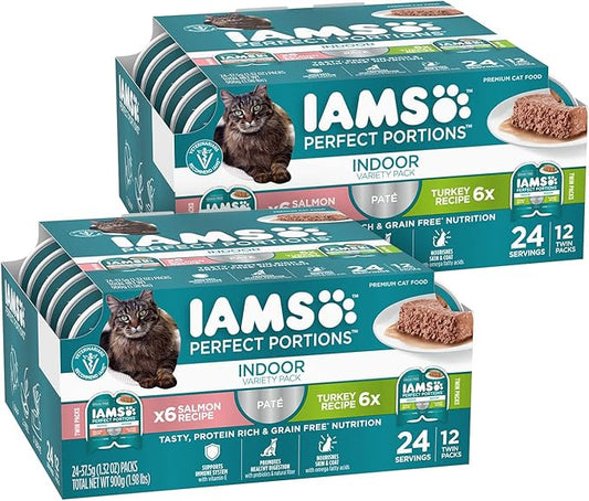 IAMS Perfect Portions Indoor Adult Grain Free Wet Cat Food Pate, Turkey and Salmon Recipe, 2.6 oz. Twin-Pack Trays (12 Count, 24 Servings) (Pack of 2)
