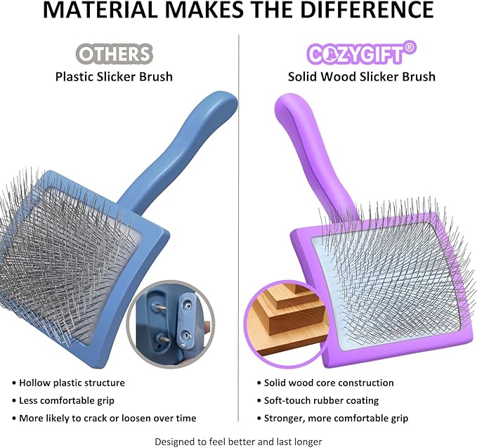 Large Dog Slicker Brush for Shedding & Curly Coat, Long Hair Dogs & Cats, Doodles, Poodles & Goldendoodles, Long Pin Grooming Brush with Wooden Handle, 3 Pcs Comb Set for Mats Tangles Purple