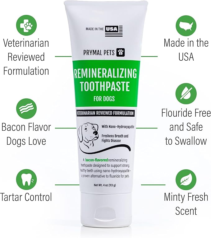 Remineralizing Dog Toothpaste with Nano-Hydroxyapatite – Bacon Flavor, Fluoride-Free & Safe to Swallow, Veterinarian Reviewed, Made in USA, Fights Plaque & Freshens Breath (4 oz)