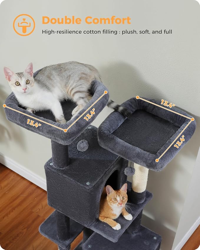 Cat Tree, 52.4" Multilevel Cat Tower for Indoor Cats, Plush Cat Tree House with 2 Padded Perches, 2 Condos & 2 Scratching Posts, Dark Gray