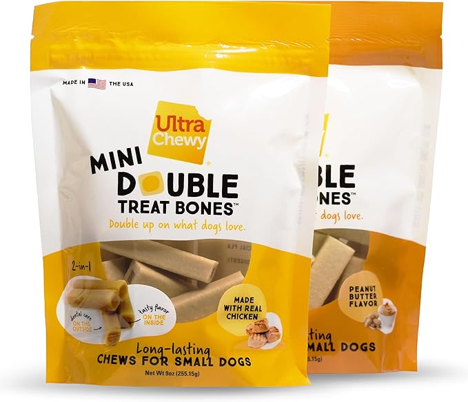 Ultra Chewy Mini Double Treat Bones: Long-Lasting Dog Treats Made in USA, Highly Digestible, Ideal for Aggressive Chewers 9oz (Peanut Butter and Chicken Flavor, 2 Packs)